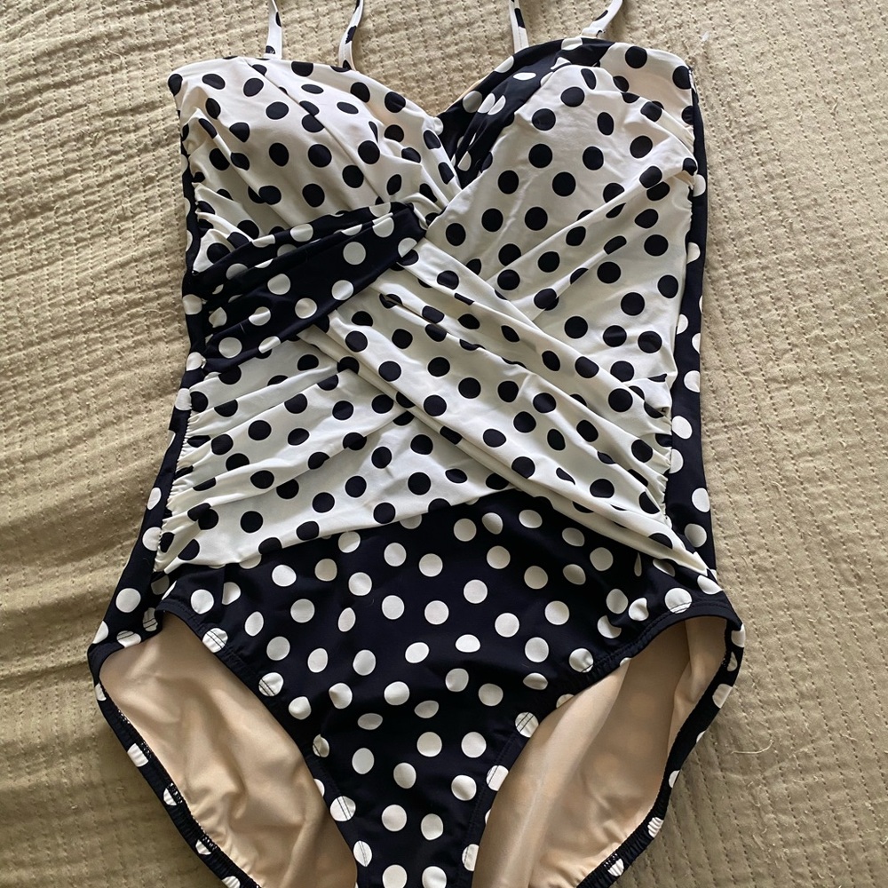 Lands' End Gray and White Polka Dot Swimwear